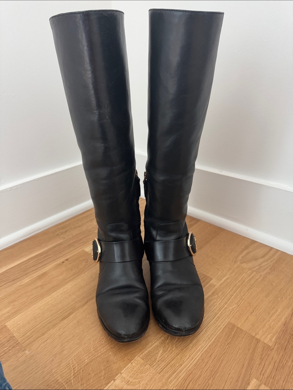 Tory Burch Black Leather Knee Boots with Gold Trim